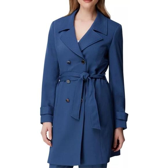 Tahari ASL 2 Belted Trenchcoat Coat Slate Blue Tie Midi Double Breasted Collared - Picture 2 of 12